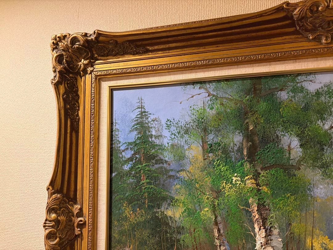 大迫力 アンティーク油彩 M30号 大型額装 山水画