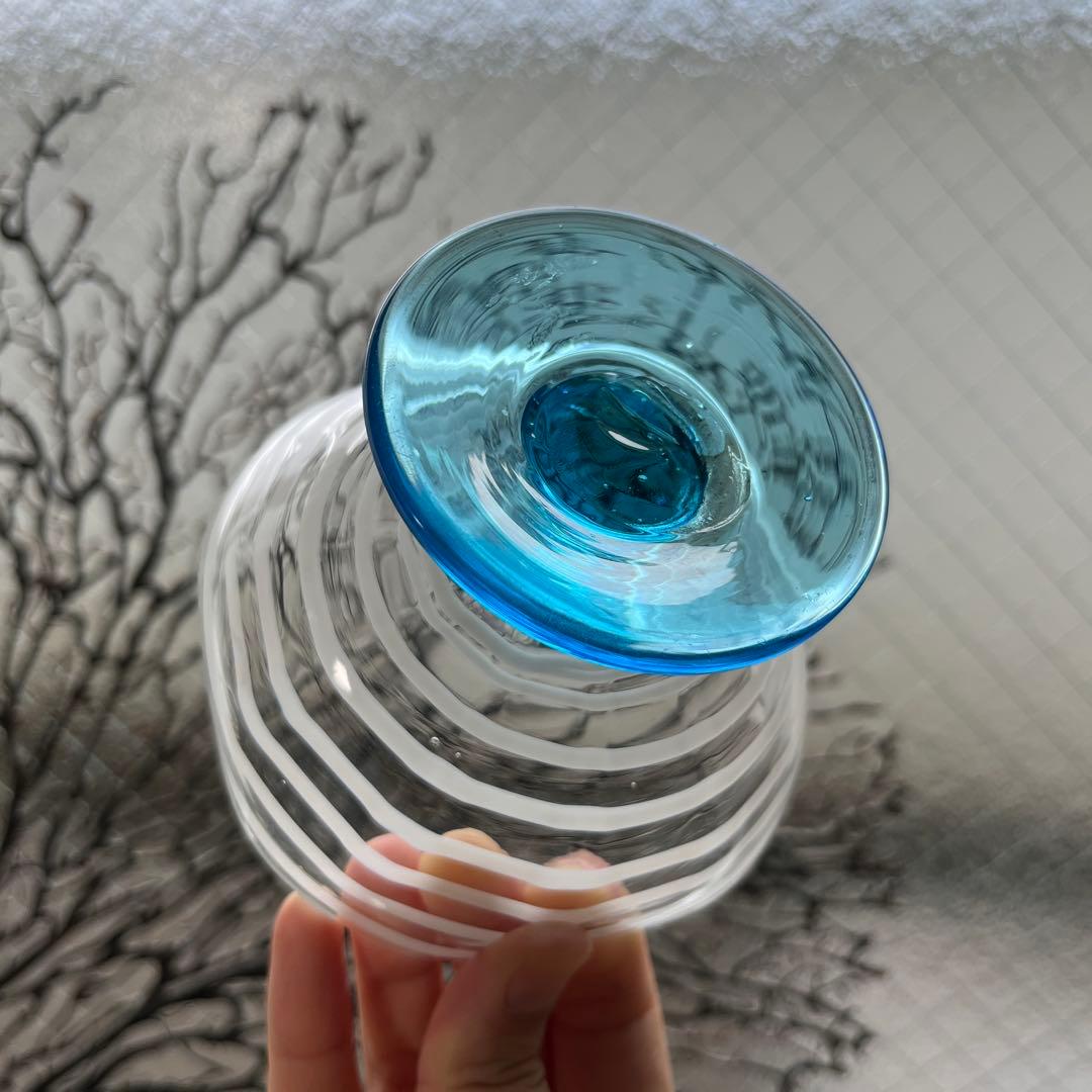 骨董　時代ガラス　超希少　四角型　白糸巻紋　水色脚付　氷コップ　ウラン