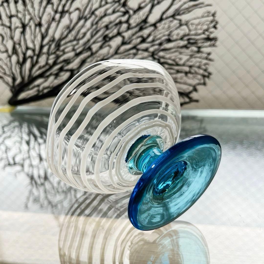 骨董　時代ガラス　超希少　四角型　白糸巻紋　水色脚付　氷コップ　ウラン