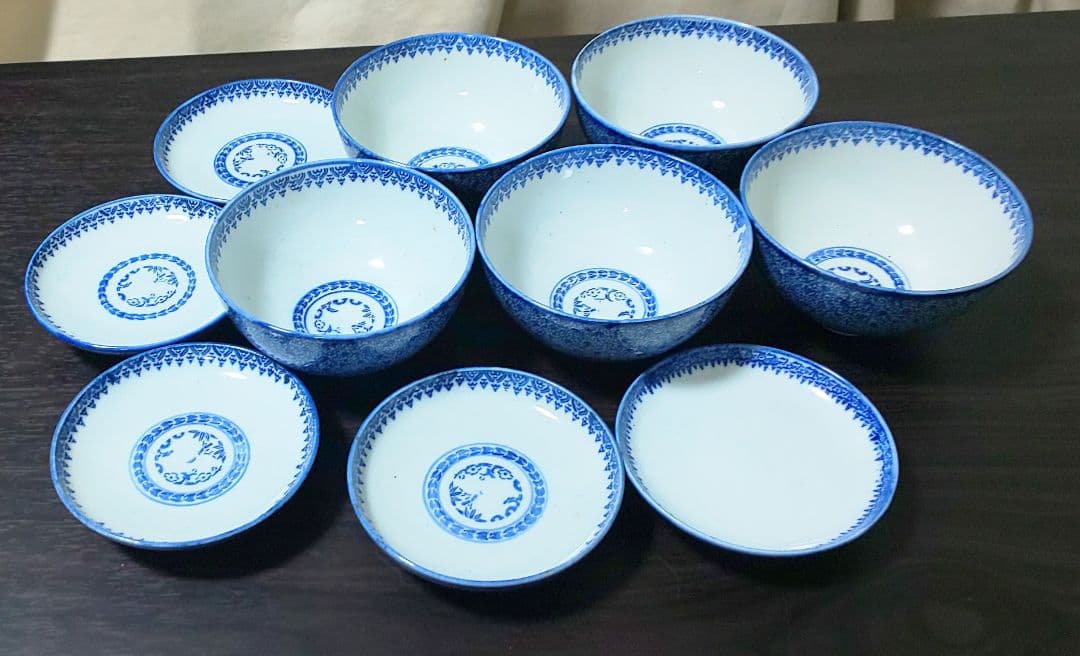 伊万里焼 明治時代 染付 微塵唐草 松竹梅 蓋付茶碗 ５客セット