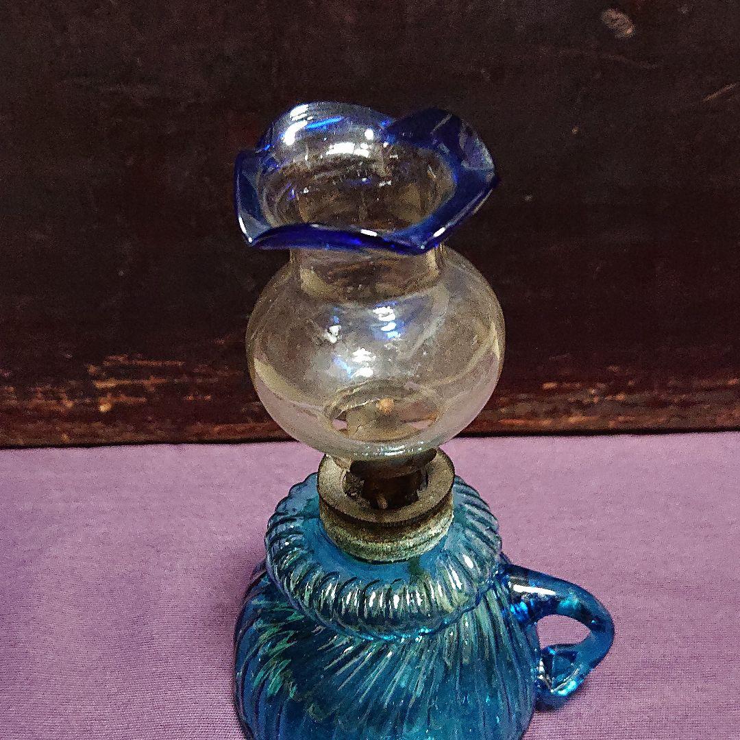 豆ランプ ねじれ青ガラス   明治時代頃