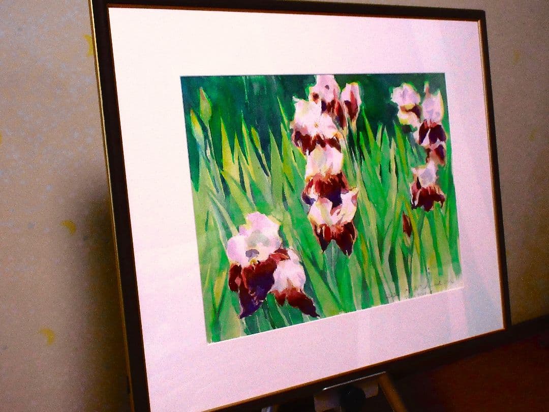 アイリスの水彩画額装済み