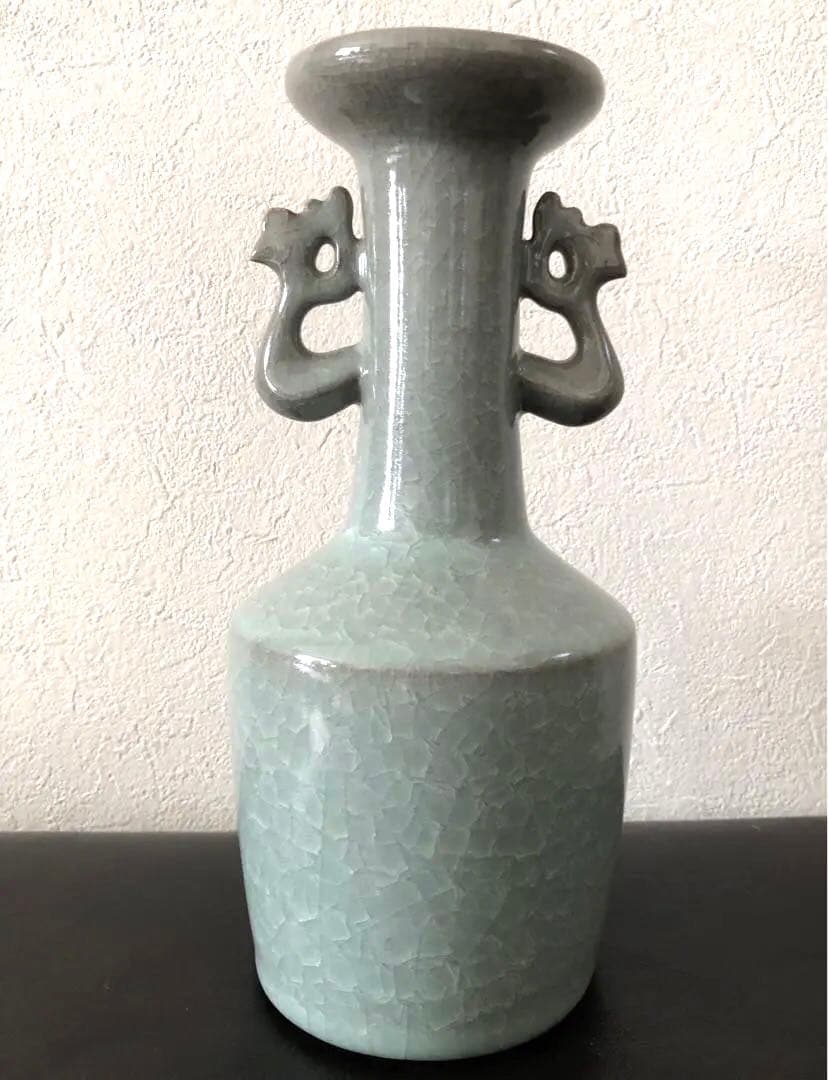 【未使用】軌窯　久田重義 作　青瓷鳳凰耳花生　希少　常滑焼　花入　花瓶
