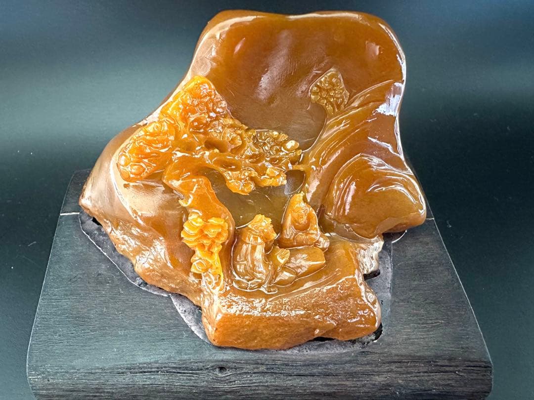 ラオス石　田黄　置物　山中尋友　縁起物　書斎　座台付き　箱付き