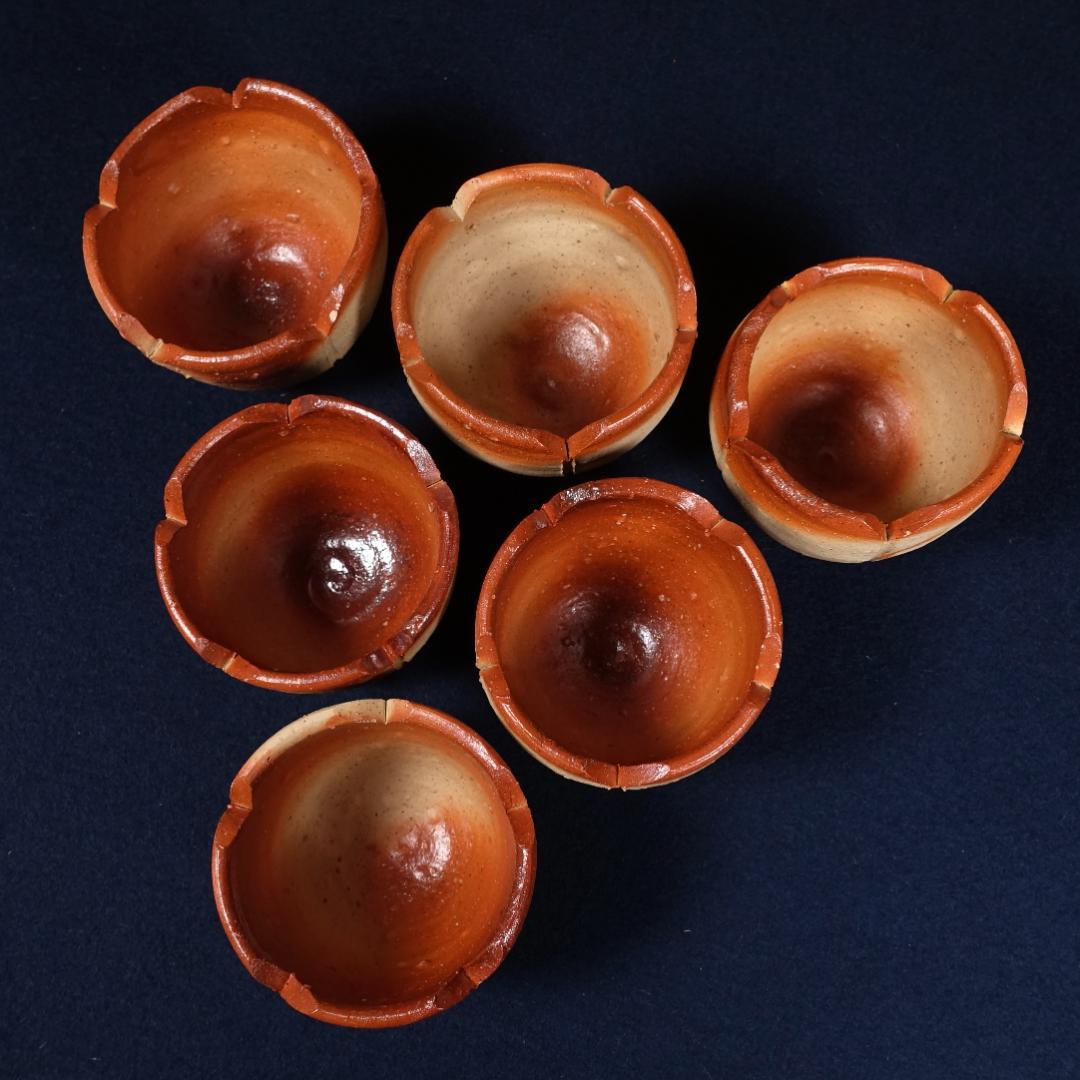 備前焼 緋襷 輪花 向付 6客 在銘 作家物