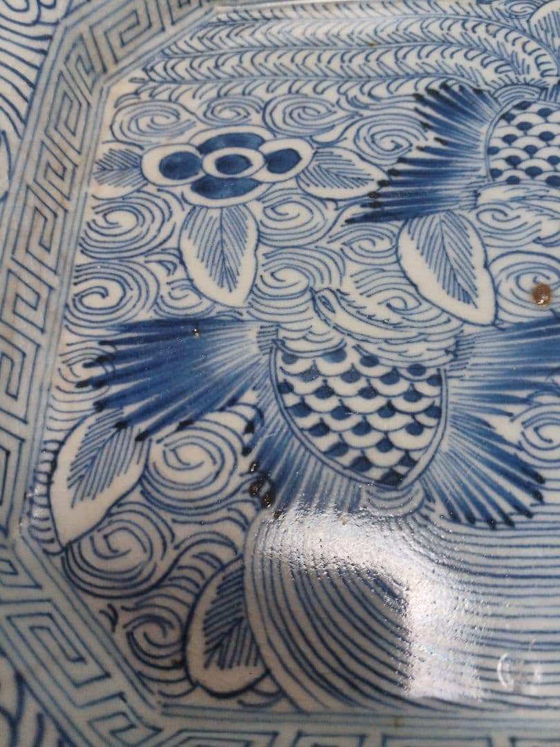 骨董伊万里　線描　染付　鳳凰文　角皿　隅切　1客