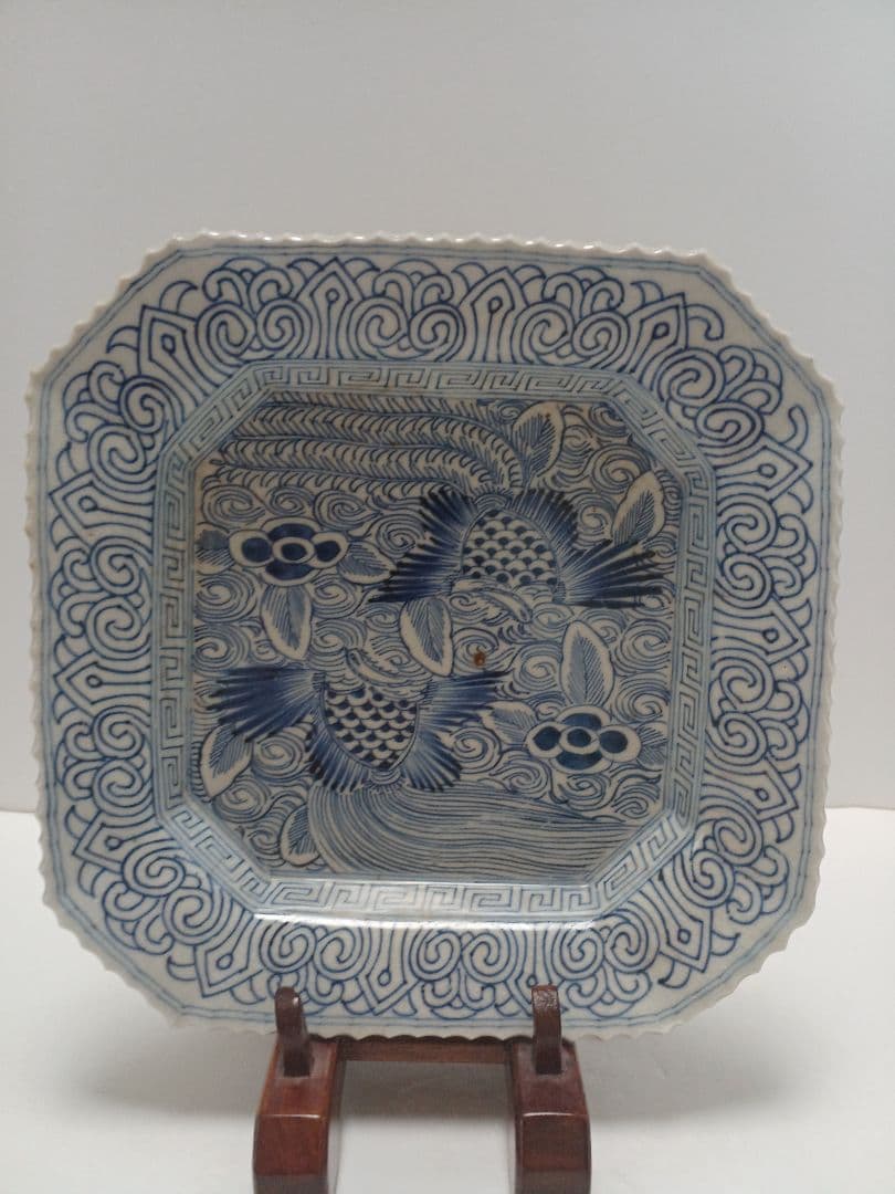骨董伊万里　線描　染付　鳳凰文　角皿　隅切　1客