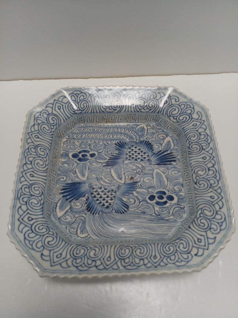 骨董伊万里　線描　染付　鳳凰文　角皿　隅切　1客