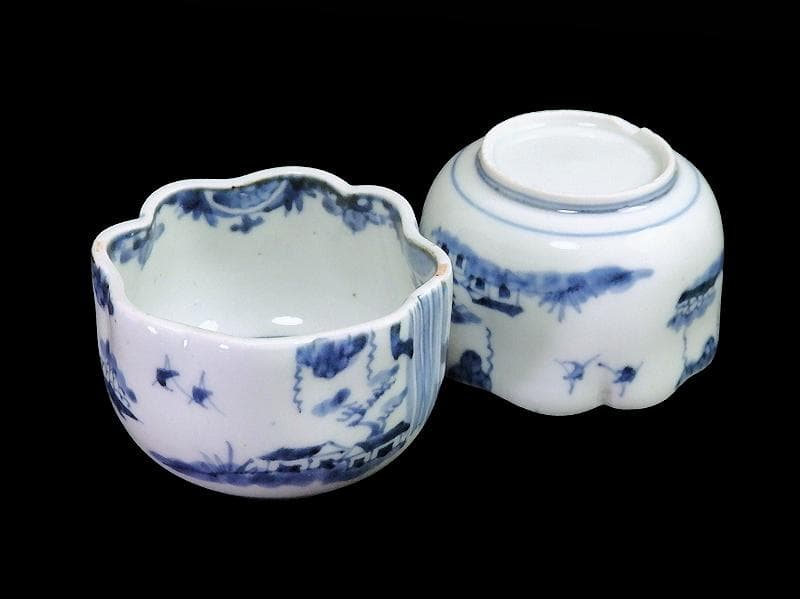 古伊万里　染付　山水の図　変形向付　２客　B072AS-fbvb