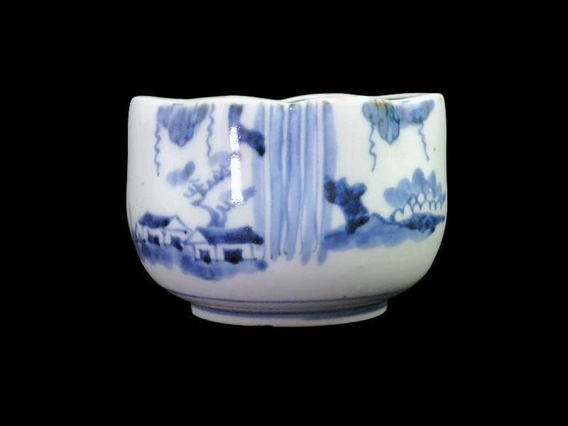 古伊万里　染付　山水の図　変形向付　２客　B072AS-fbvb