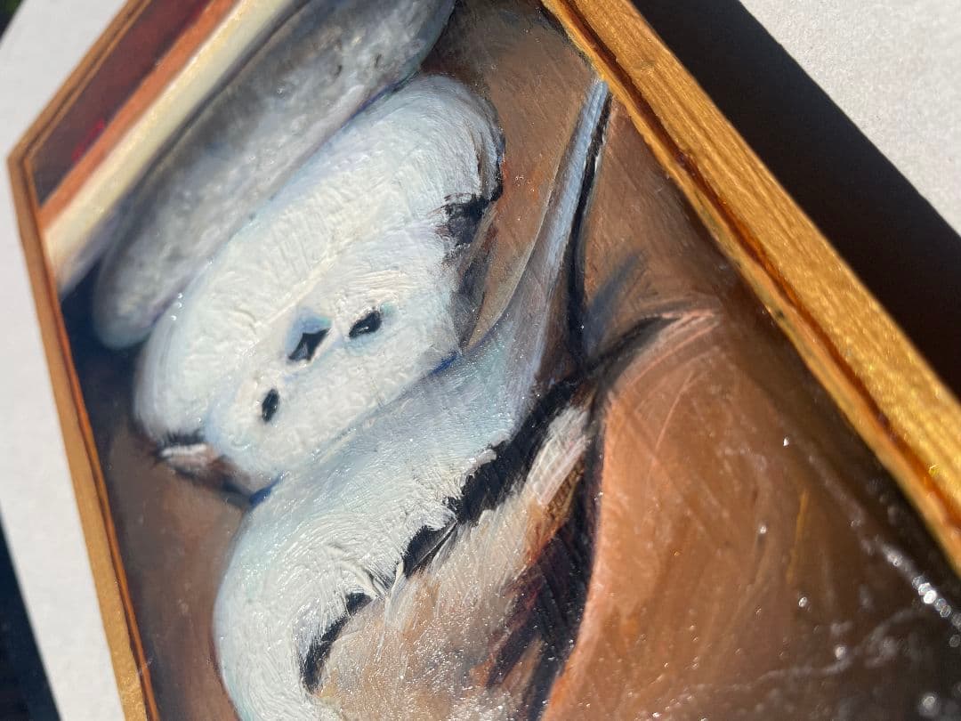 「一石二鳥」　シマエナガ　ミニ絵画　原画　油彩画　油絵