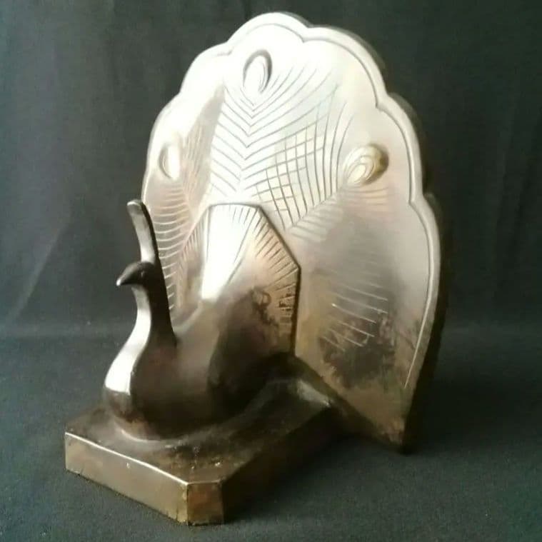 逸品　銅製　孔雀　アールデコ　オブジェ　ブックエンド　明治　金工　ヴィンテージ