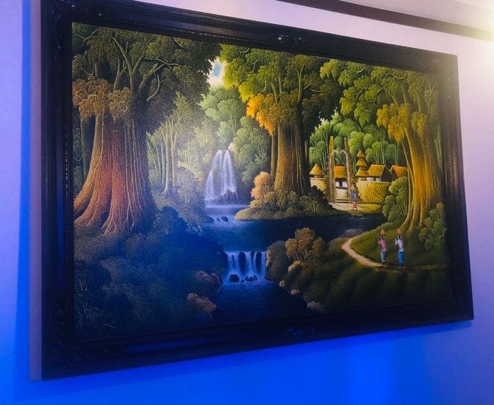 バリ絵画 特大 99.5cm × 150cm 村 人 森 暮らし people