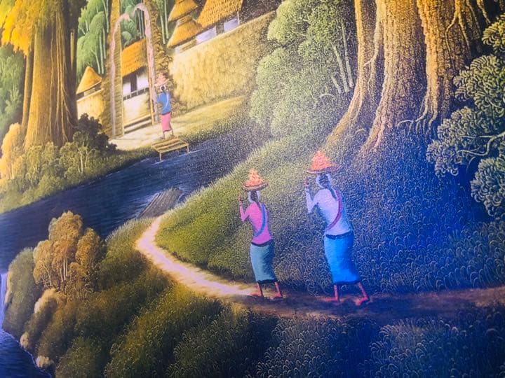 バリ絵画 特大 99.5cm × 150cm 村 人 森 暮らし people