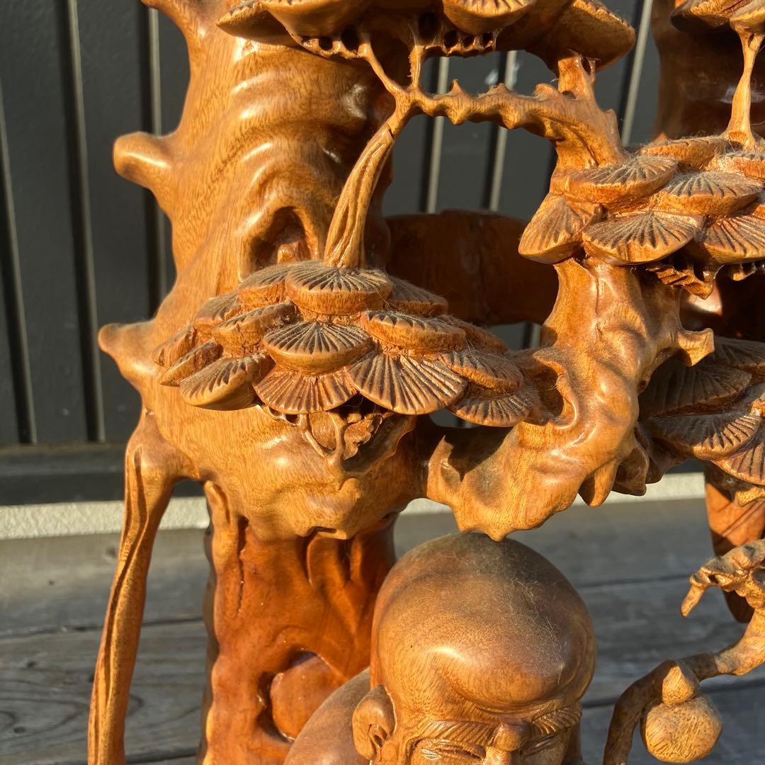 昭和レトロ 天然木 一刀彫 極上彫 七福神 寿老人 鹿 大型 置物 オブジェ