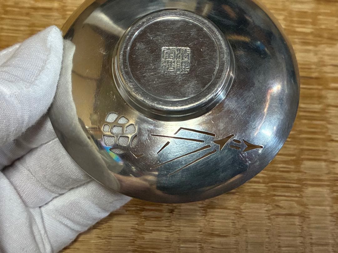 錫製 精課堂造 透かし 圓式茶托 五客 共箱