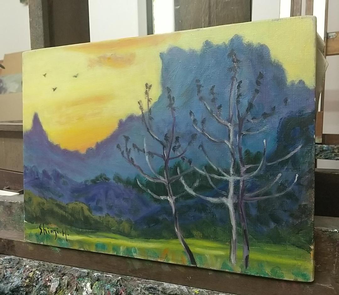 F4「里の夕ぐれ」油絵 絵画 油彩画 風景画 アート 妙義山