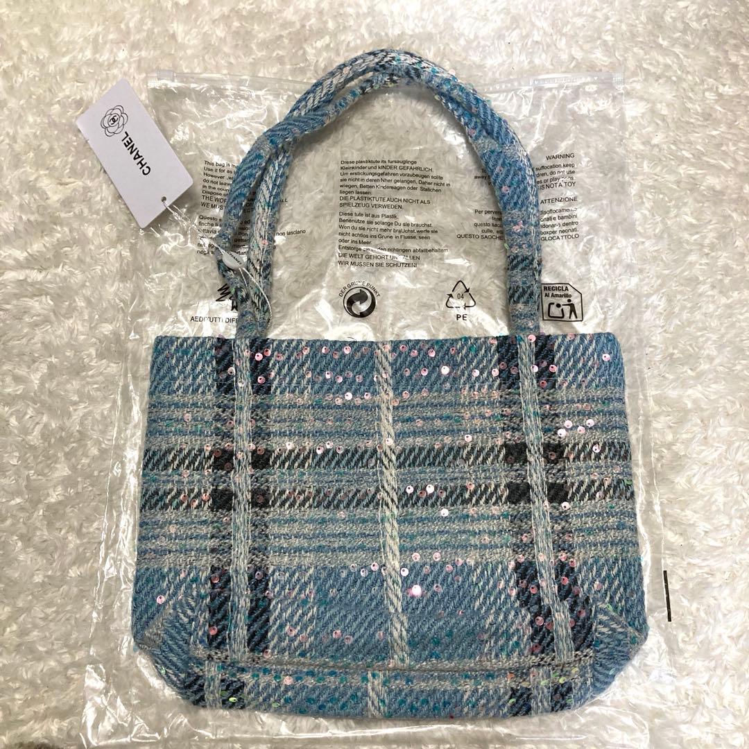 CHANEL ツイードトートバッグ　スパンコール　水色
