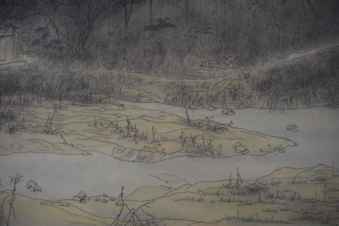 【真作】京天一/山麓之図/深林図/山水図/横物/掛軸☆宝船☆Y-621　JM