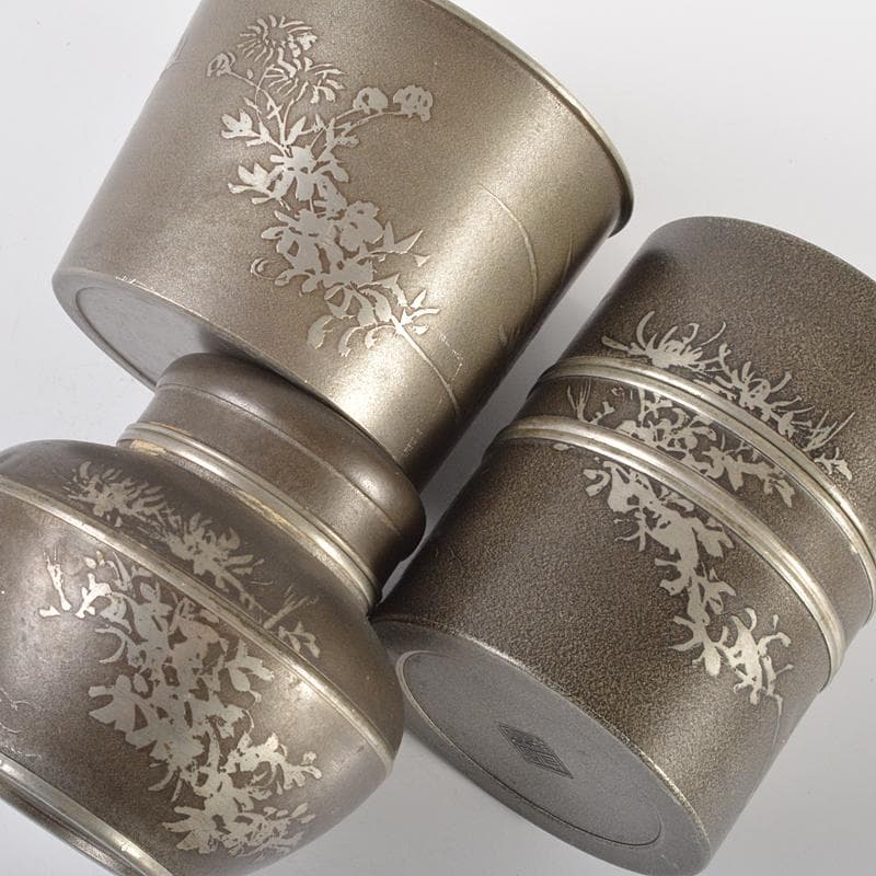 錫製　間村自造　四君子文　茶壷　茶こぼし　合計約985g　3点　D　R6368