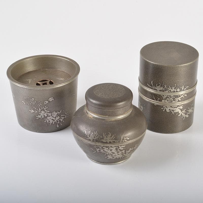 錫製　間村自造　四君子文　茶壷　茶こぼし　合計約985g　3点　D　R6368