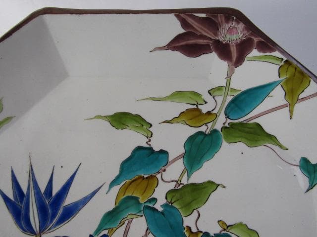 Y5-1012◇九谷焼 健作 鉄仙色絵文 大皿 八角皿 飾皿 巾43ｃｍ◇