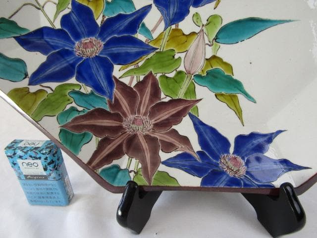 Y5-1012◇九谷焼 健作 鉄仙色絵文 大皿 八角皿 飾皿 巾43ｃｍ◇