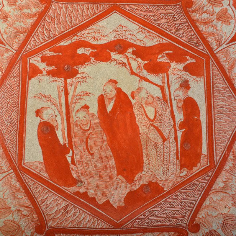 九谷焼　古九谷　赤絵　人物文　大皿　飾皿　角福銘　直径約36cm　MR7218B