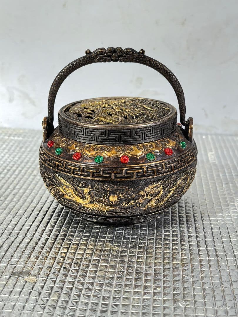 銅手炉　手焙り　香炉　銅暖手炉　龍鳳呈祥透彫火屋　提手銅炉