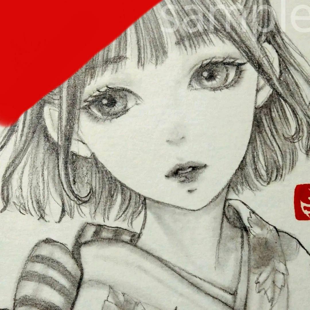 手描きイラスト　2378　肉筆原画　絵画　鉛筆画　和装　美人画