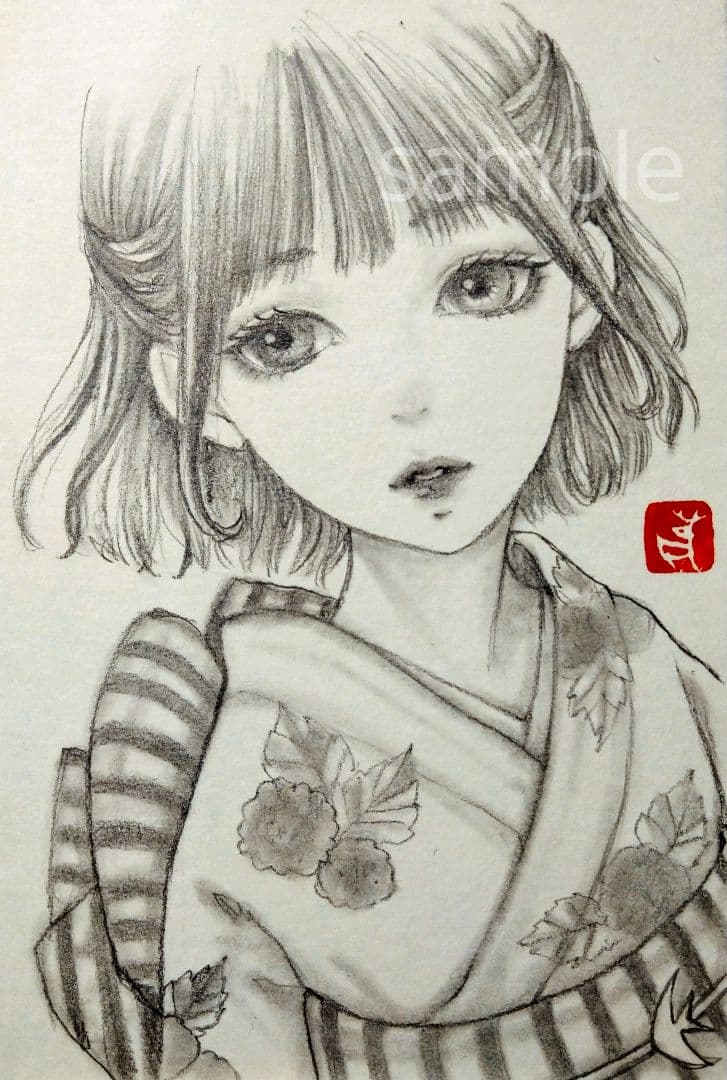 手描きイラスト　2378　肉筆原画　絵画　鉛筆画　和装　美人画