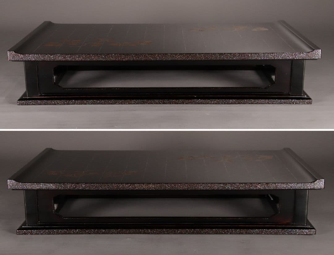 加賀蒔絵師 小松芳光作 松紋様 金蒔絵 螺鈿 黒塗卓 共箱 平卓 花台 M960