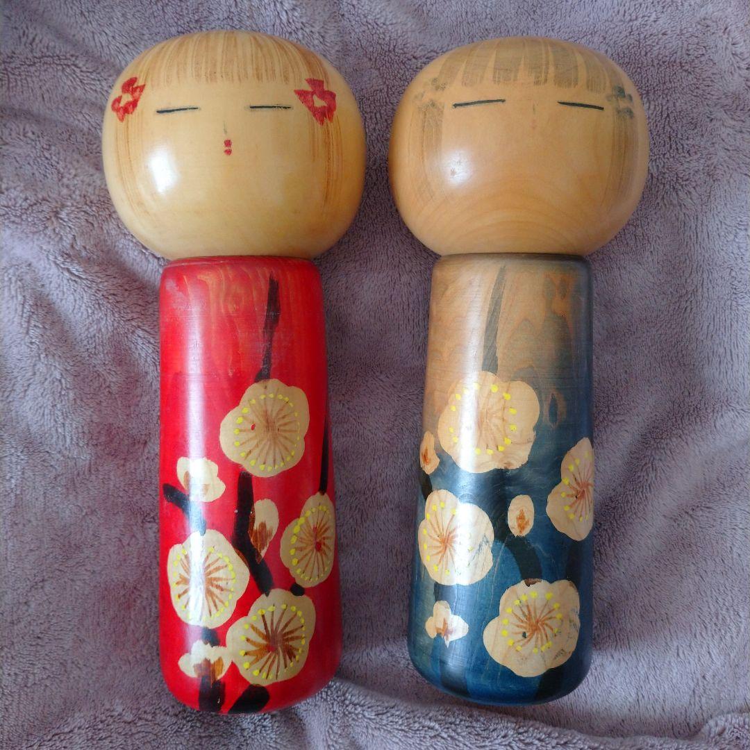 白峯 作 創作こけし 大きいサイズ レトロ 梅童 青 赤 ペア2体セット