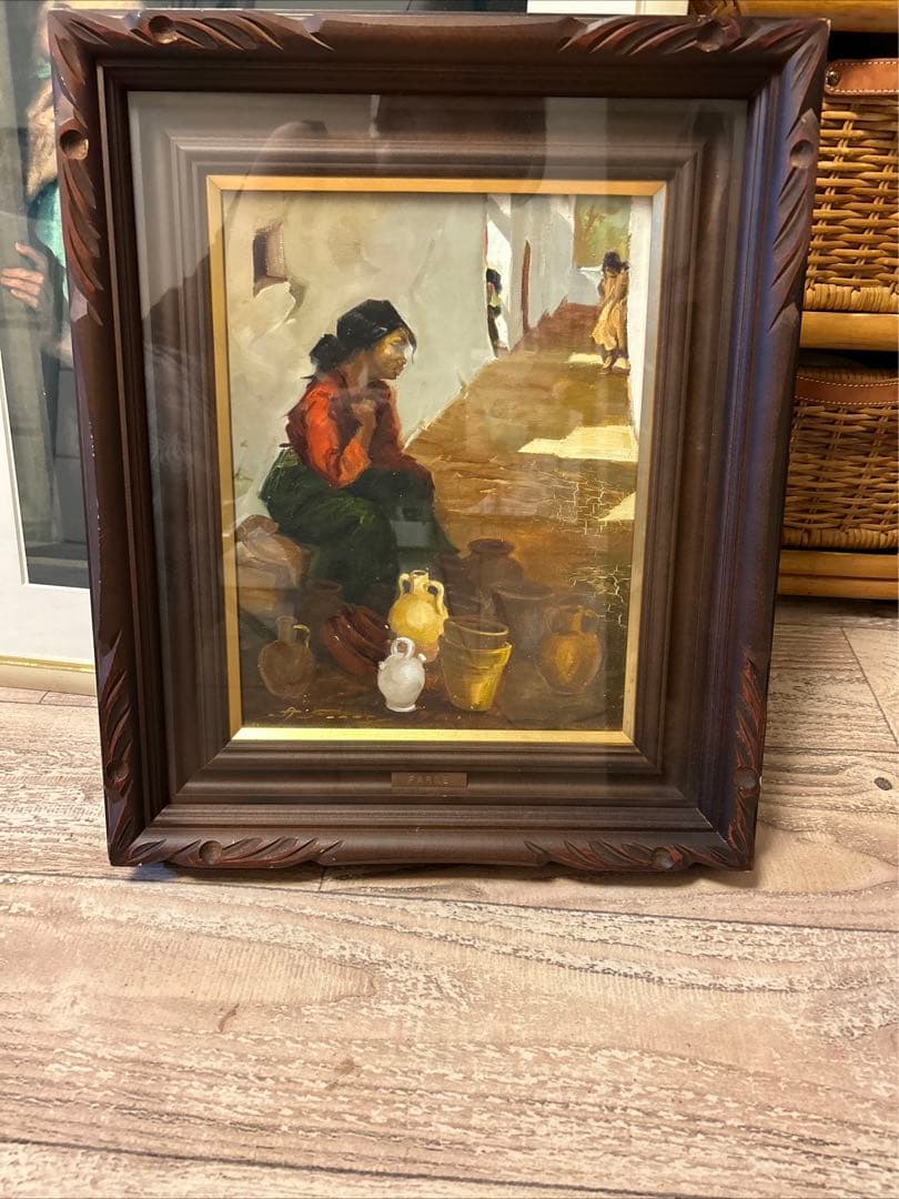 FARRE 油彩画 女性と陶器 木製フレーム