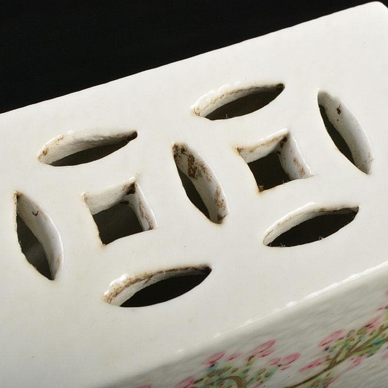 中国　粉砕　漢詩花鳥文　香炉　陶枕　C　6703E