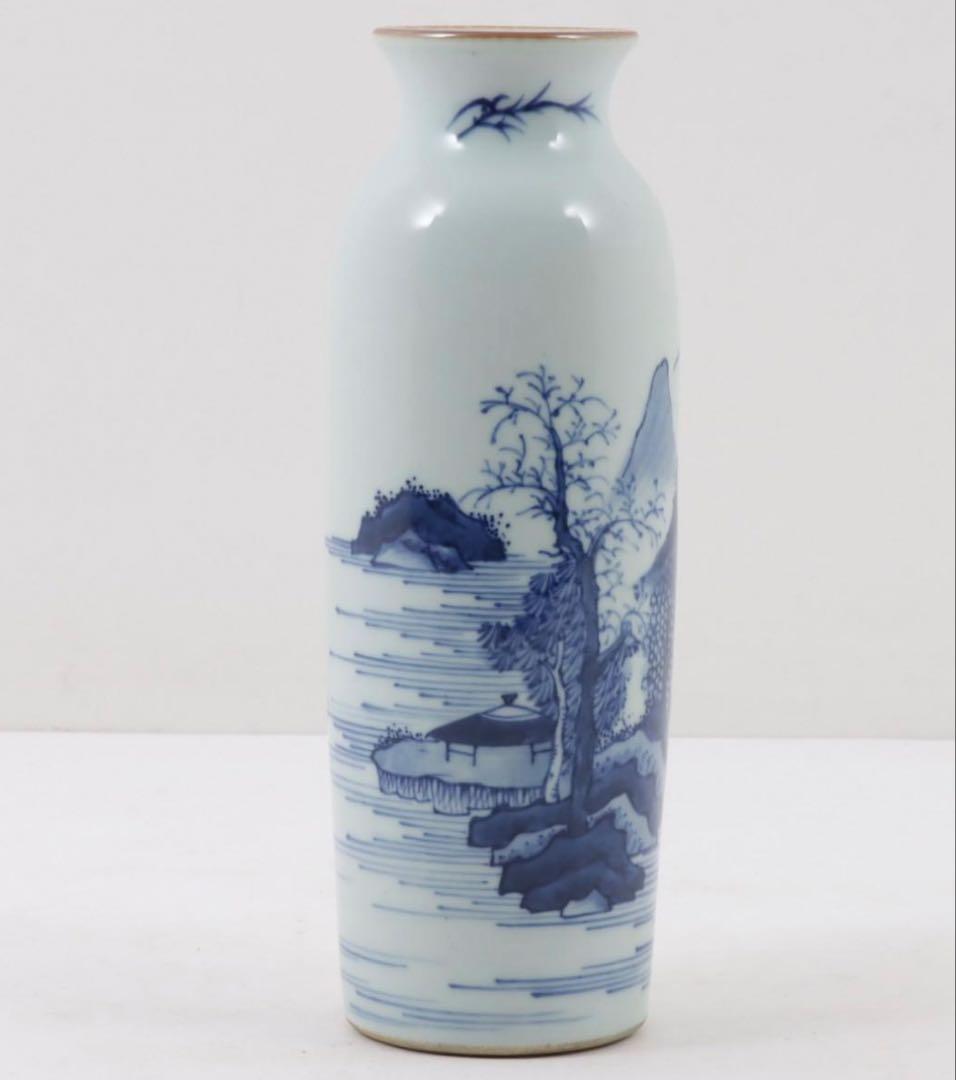 中国古美術品　清の早期　康熙　染付　青花風景筒瓶 H22.7×W7.9cm 合箱