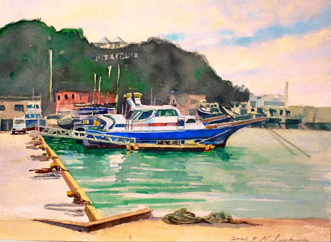 久里浜港(水彩画額装済)