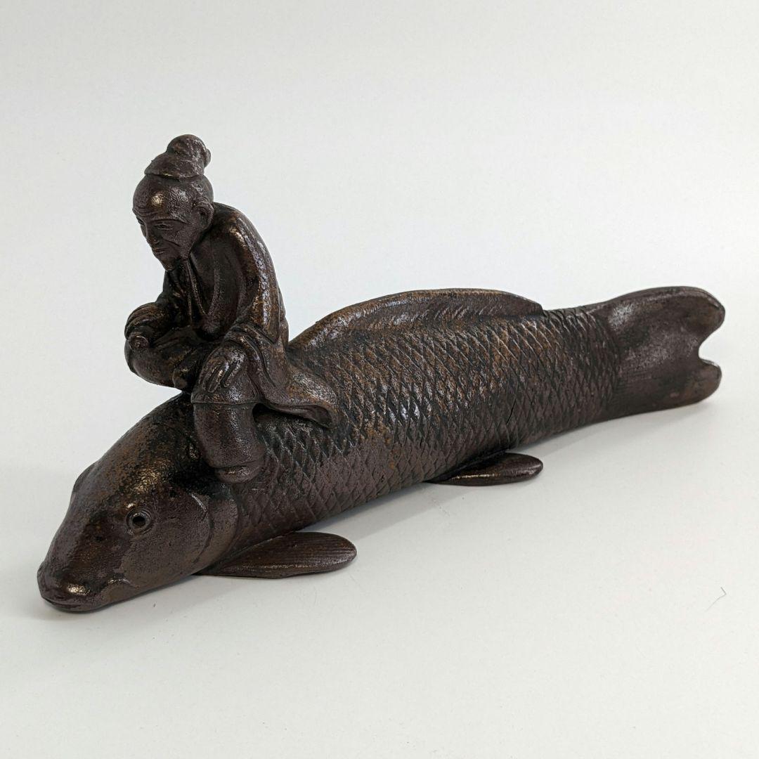 木村陶峰 備前焼 鯉仙人置物 琴高仙人 細工物 魚 縁起物 工芸品 インテリア