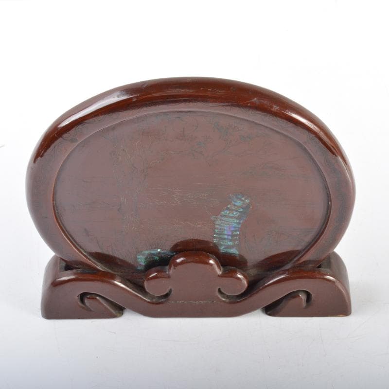 中国　象嵌螺鈿装飾　山水人物文　硯屏　V　4496