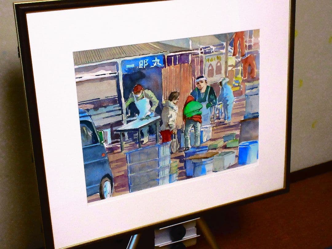 朝市の風景 水彩画 額装済み 原画 F6サイズ