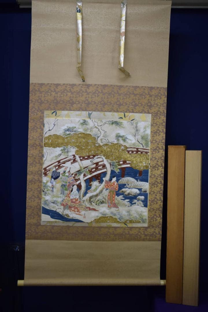 真作/岡島良山/山水人物図/桐箱二重箱付/布袋屋掛軸HE-871