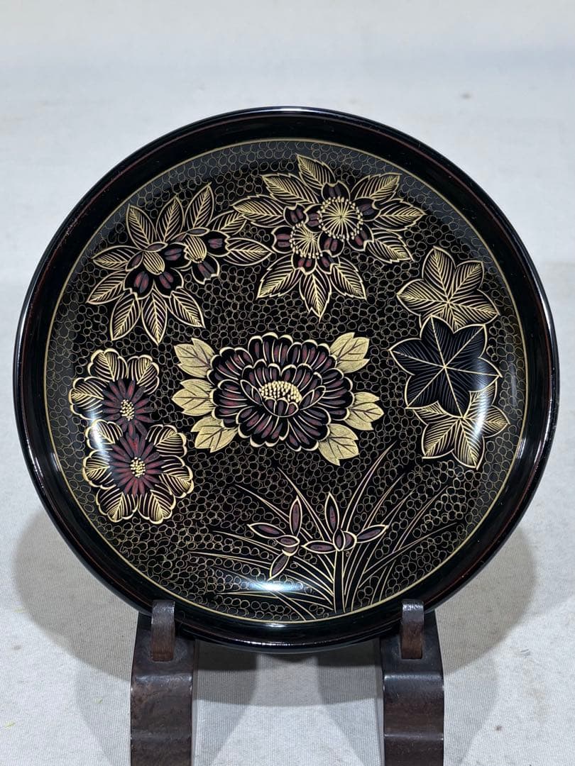 ②輪島塗　塗師 精斎 沈金師 満斎　草花刻菓子皿五客　美品　共箱　送料込