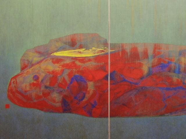 岩橋 英遠、庭石、大判、額装用・画版、日本製・新品額 額装付、状態良好