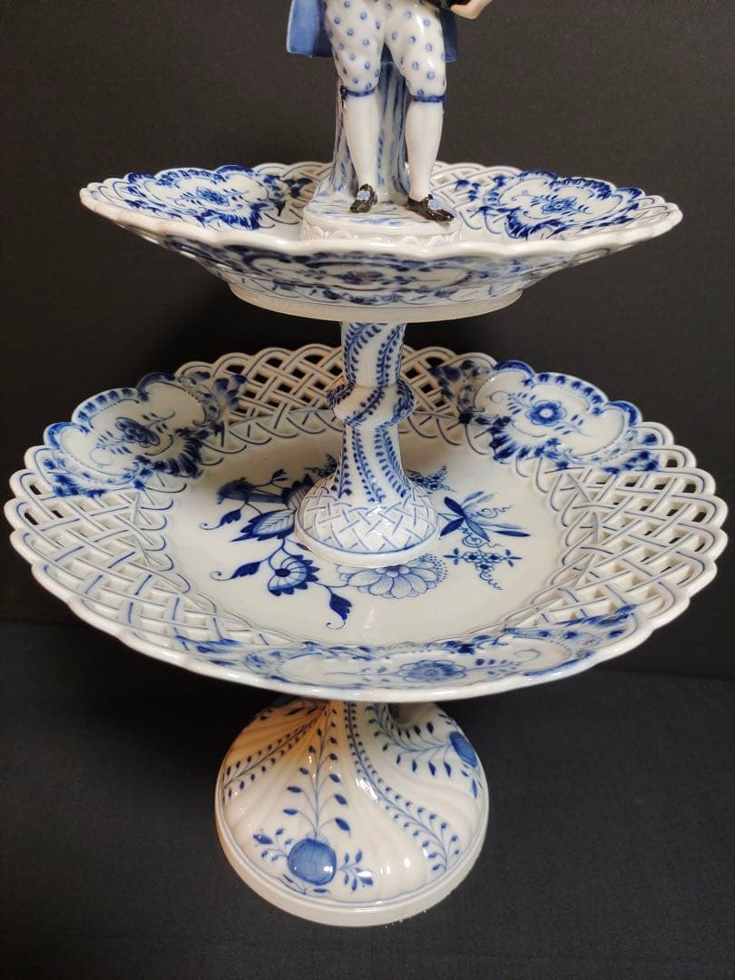 時代 マイセン ブルーオニオン 磁器 2段コンポート 飾り インテリア 修理あり