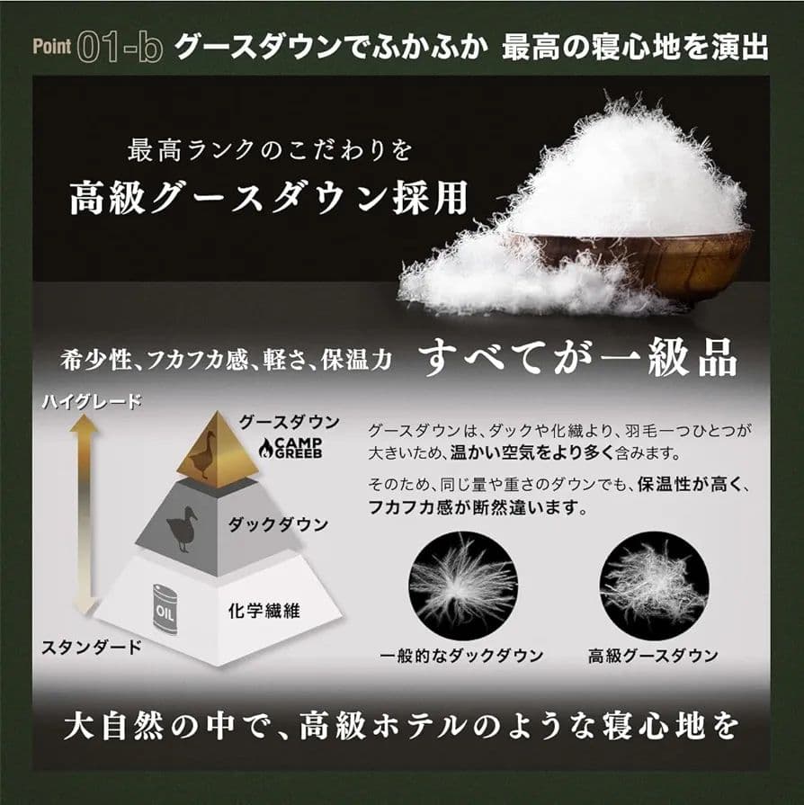キャンプグリーブ ダウンシュラフ 秋冬春用 寝袋 ダウン マミー型　黒