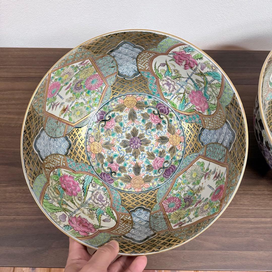 明治〜大正時代　アンティーク有田　極上品　色絵花草文様三ツ揃鉢　箱付　超絶技巧