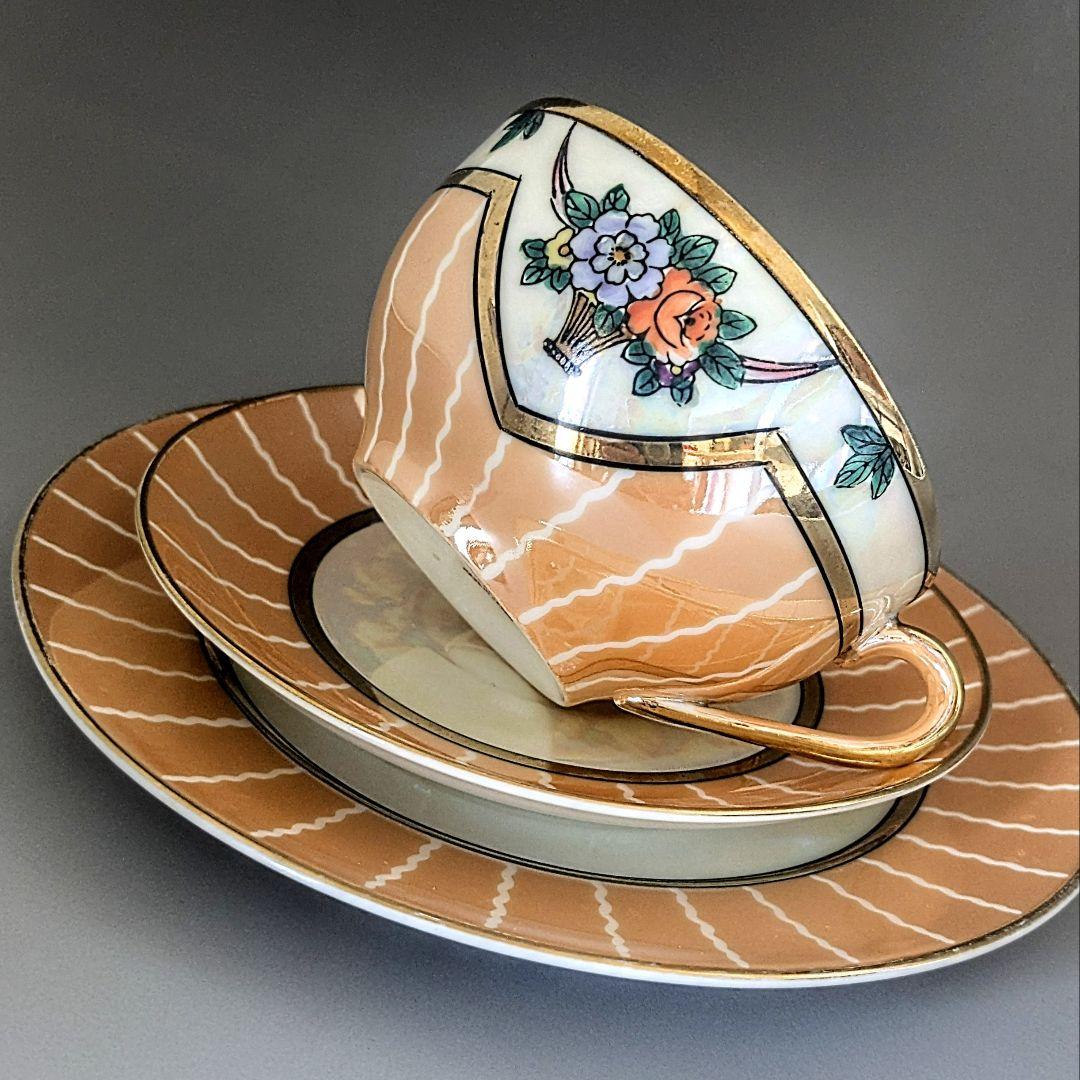 オールドノリタケ アールデコ期大銘品！金彩虹ラスター花籠絵図キャビネット トリオ