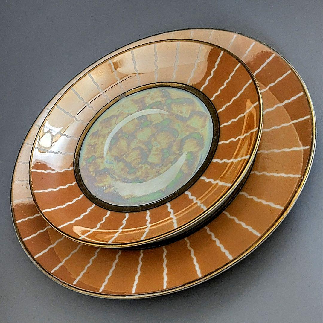 オールドノリタケ アールデコ期大銘品！金彩虹ラスター花籠絵図キャビネット トリオ