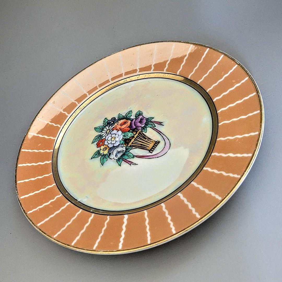 オールドノリタケ アールデコ期大銘品！金彩虹ラスター花籠絵図キャビネット トリオ