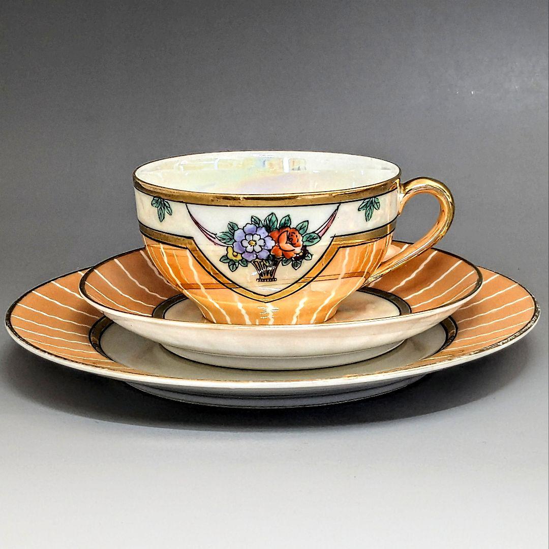 オールドノリタケ アールデコ期大銘品！金彩虹ラスター花籠絵図キャビネット トリオ